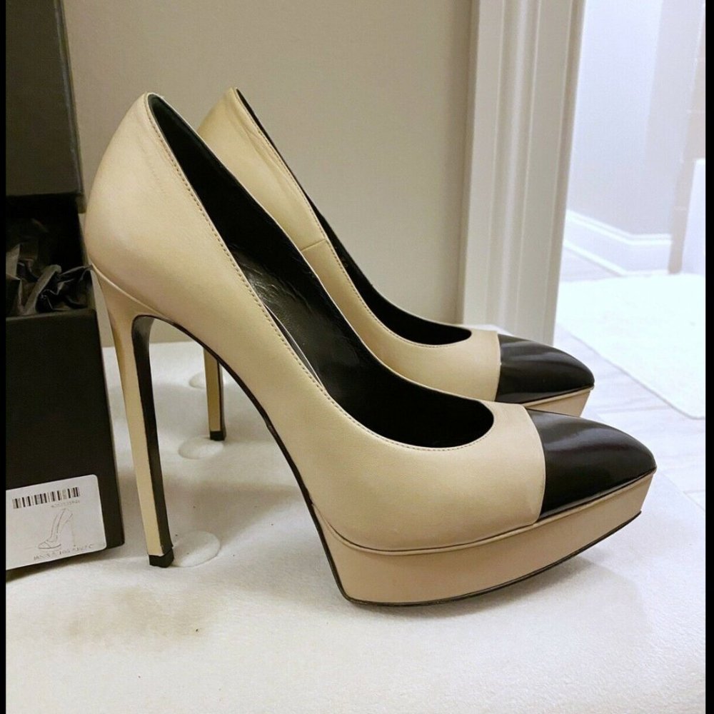 Saint Laurent YSL Nude & Black Janis Pumps Cap Toe